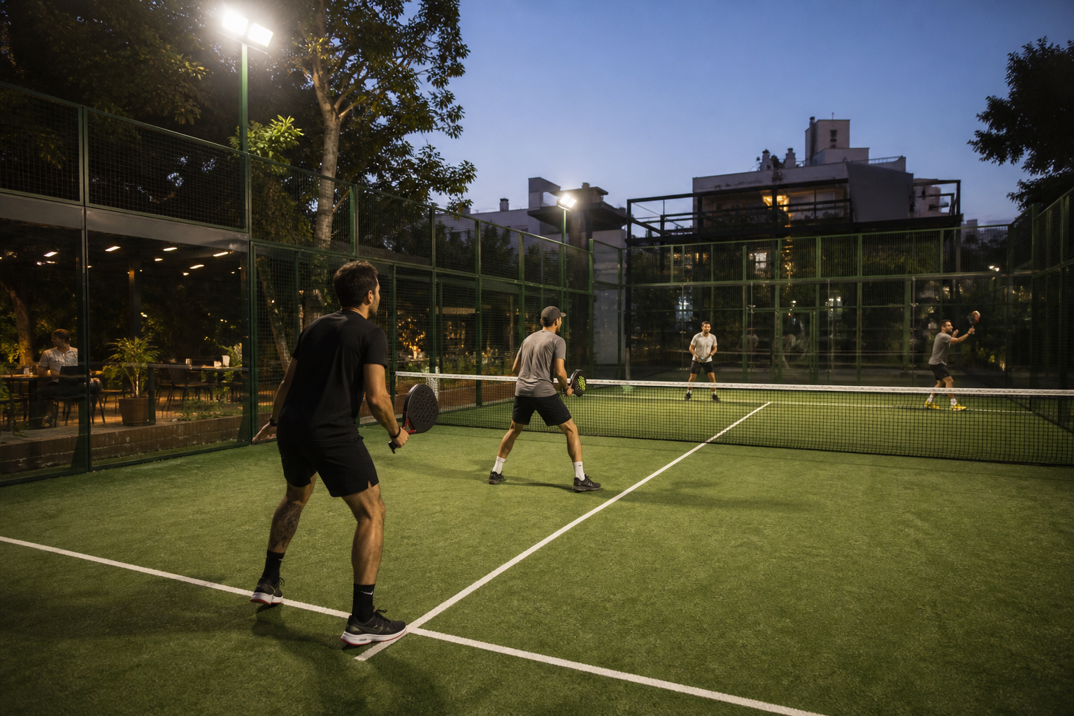 Partido de pádel en una cancha iluminada