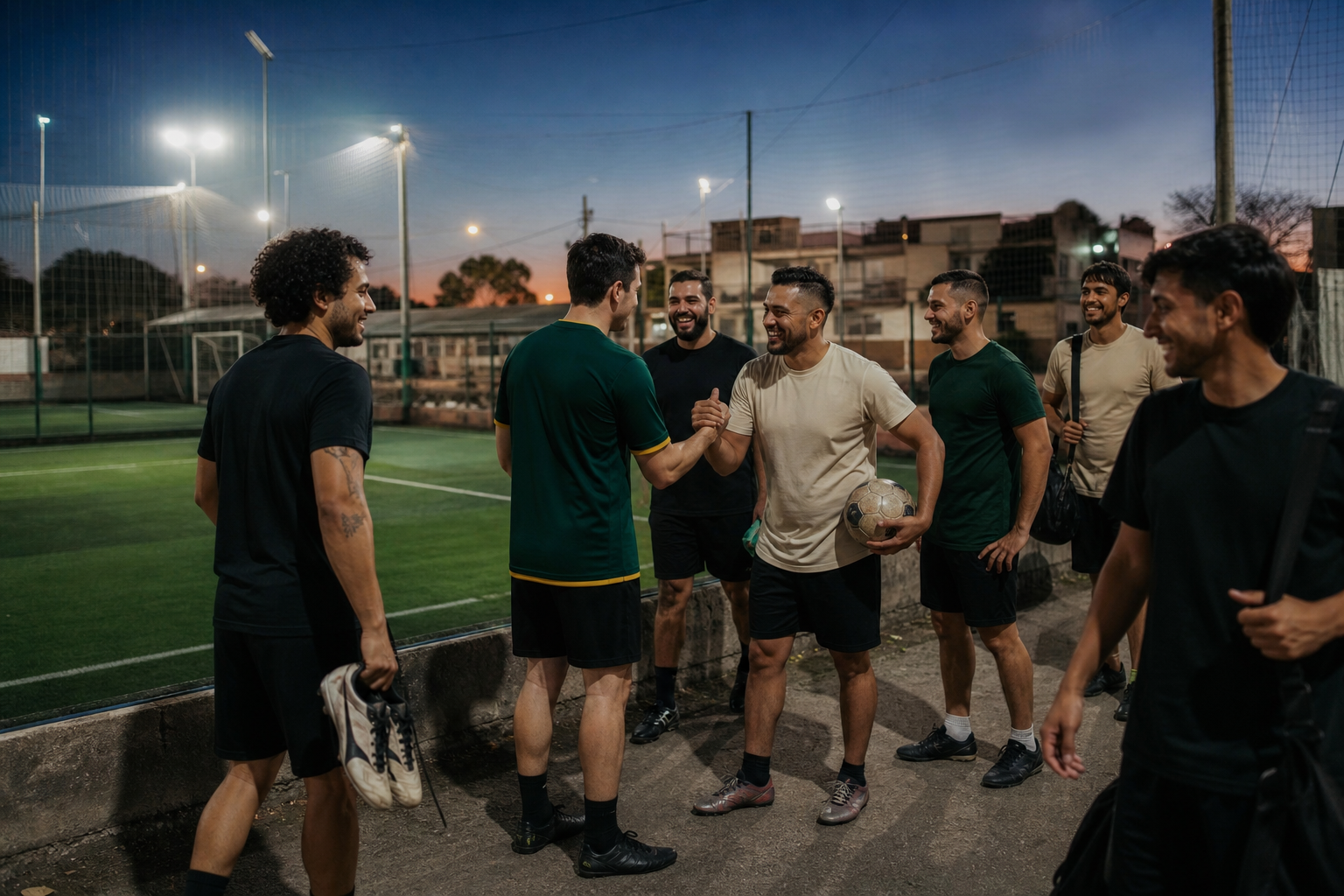 Jugadores de fútbol amateur saludándose antes de un partido