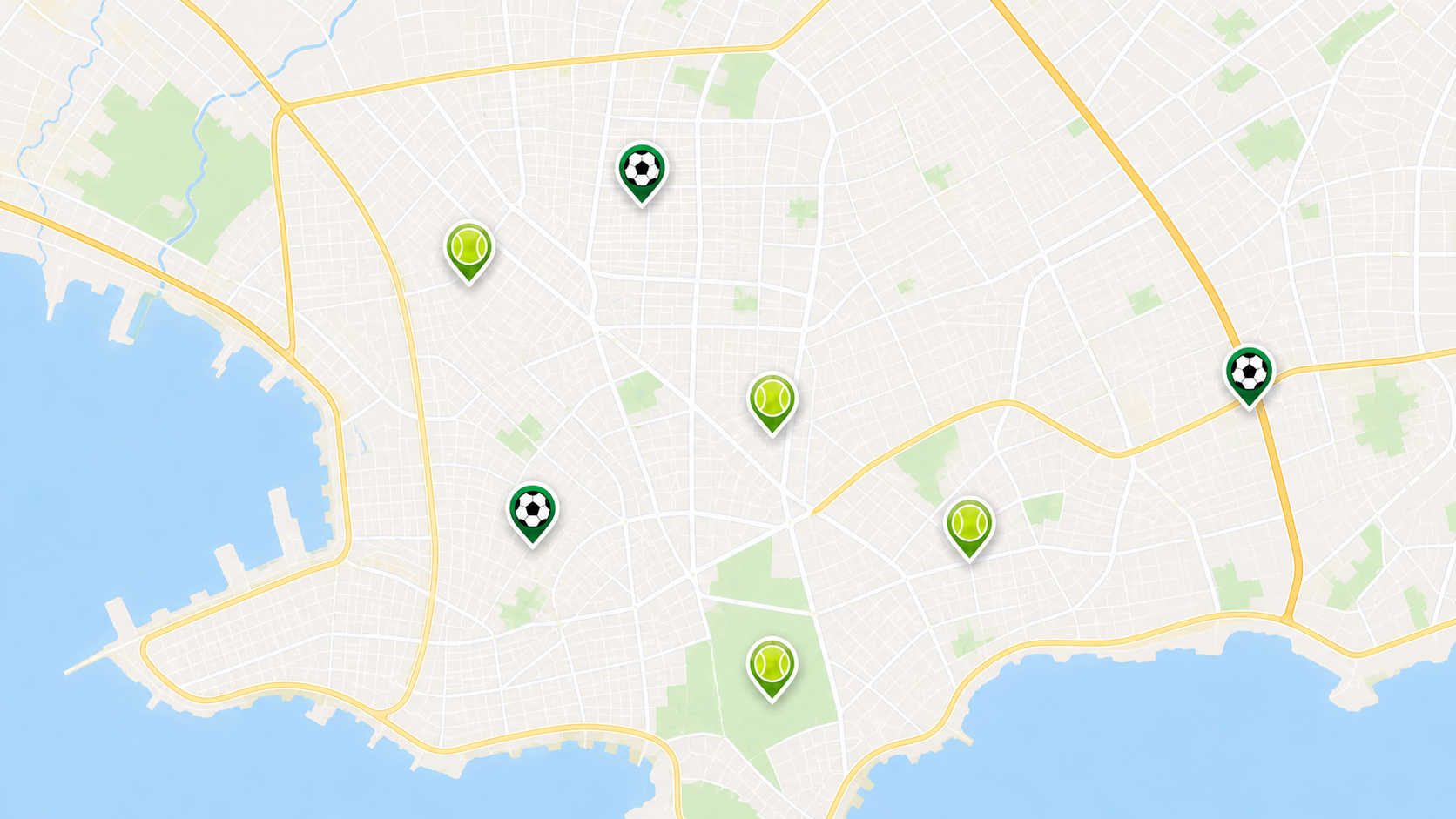 Mapa ilustrado de Montevideo con canchas de fútbol y pádel